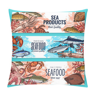Personality  Vector Sketch Banners For Seafood Fish Food Market Pillow Covers