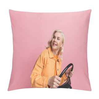 Personality  Positive Driver Holding Steering Wheel And Looking Away Isolated On Pink  Pillow Covers