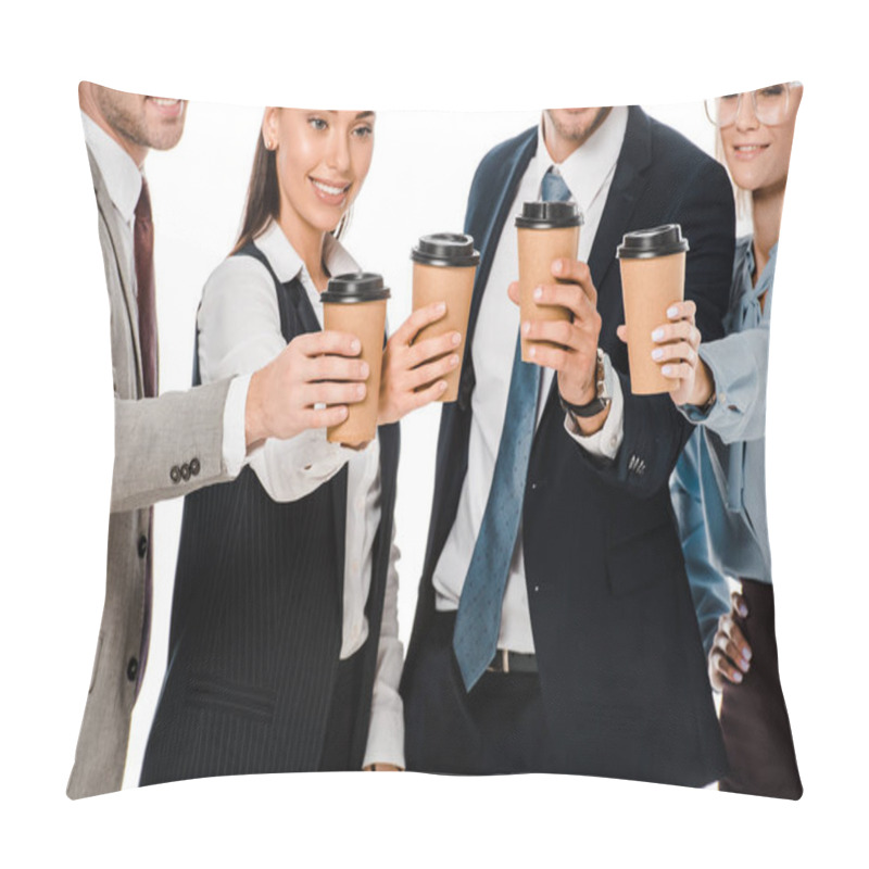 Personality  business people having coffee break isolated on white pillow covers
