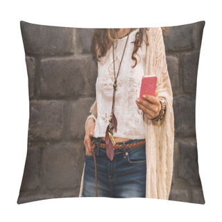 Personality  Closeup On Boho Young Woman Near Stone Wall Writing Sms Pillow Covers
