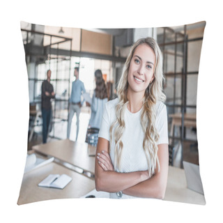 Personality  Beautiful Young Businesswoman Standing With Crossed Arms And Smiling At Camera In Office Pillow Covers