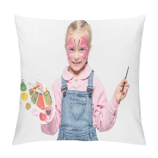 Personality  Smiling Child With Butterfly Painting On Face Holding Palette And Paintbrush While Looking At Camera Isolated On White Pillow Covers