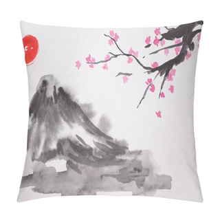 Personality  Japanese Painting With Sun, Hill And Sakura Branches On White Background Pillow Covers