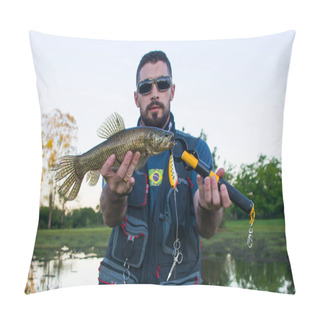 Personality  Fisherman Showing Fish That Caught With Artificial Bait, Traira Fish (Hoplias Malabaricus). Pillow Covers