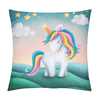 Personality  Digital Illustration Of A Little Cute Unicorn Pillow Covers