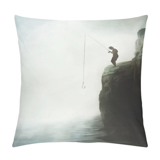 Personality  Fisherman On Top Of A Rock Hopes For Abundant Fishing, Concept Of Success Pillow Covers