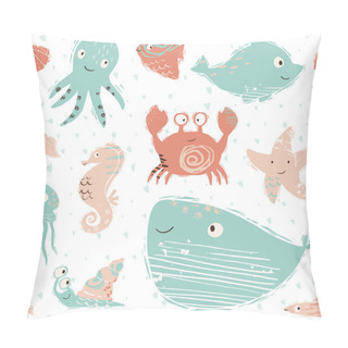 Personality  Sea Baby Cute Seamless Pattern. Octopus, Dolphin, Jellyfish, Seahorse, Starfish, Crab, Snail, Whale Print Pillow Covers