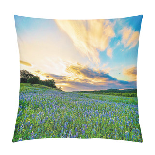 Personality  A Field Of Bluebonnets At Sunset (location: Muleshoe Bend, Texas) Pillow Covers