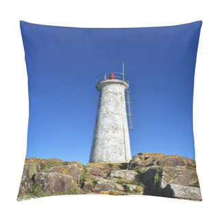 Personality  Old White Lighthouse On The Rocks With Lightning Rod. Blue Sky, Sunny Day. Galicia, Spain. Pillow Covers