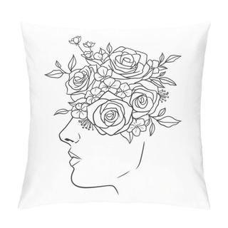 Personality  Beautiful Woman's Face With Flowers Black And White Illustration On White Background Pillow Covers