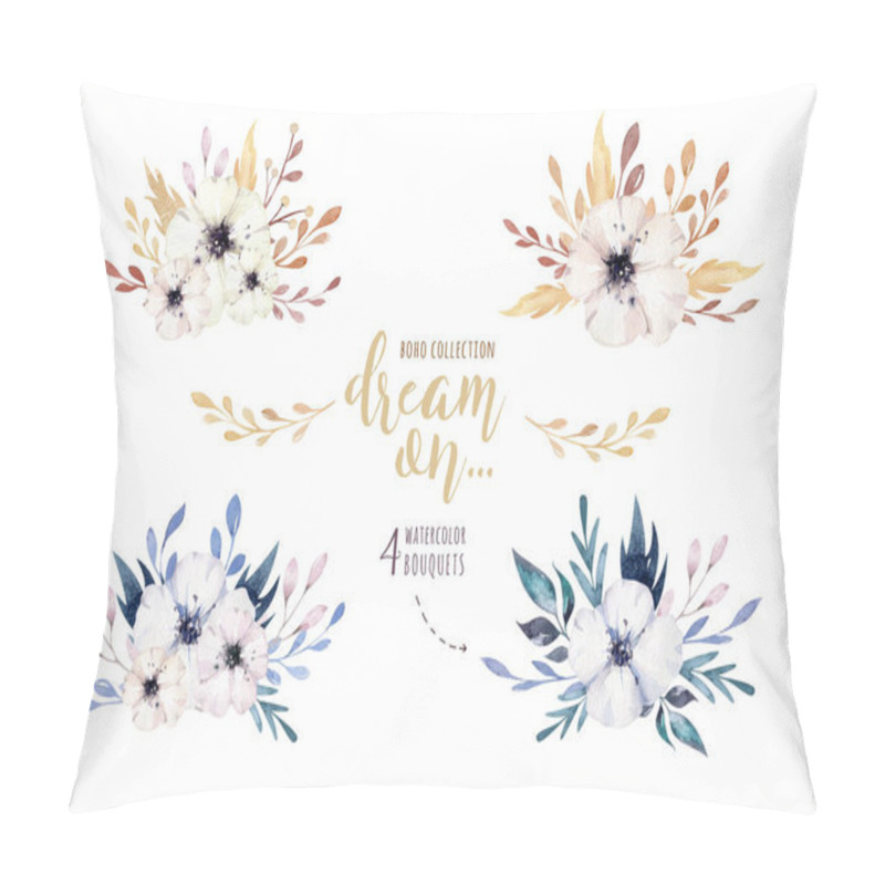 Personality  Handpainted watercolor flowers set in vintage style with the phrase dream on isolated on white background. pillow covers