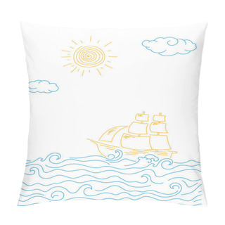 Personality  Illustration With Blue Waves And Sailboat. Pillow Covers