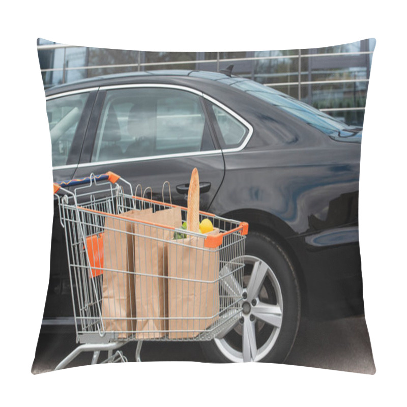 Personality  Black Car Near Shopping Trolley With Purchases On Parking Pillow Covers