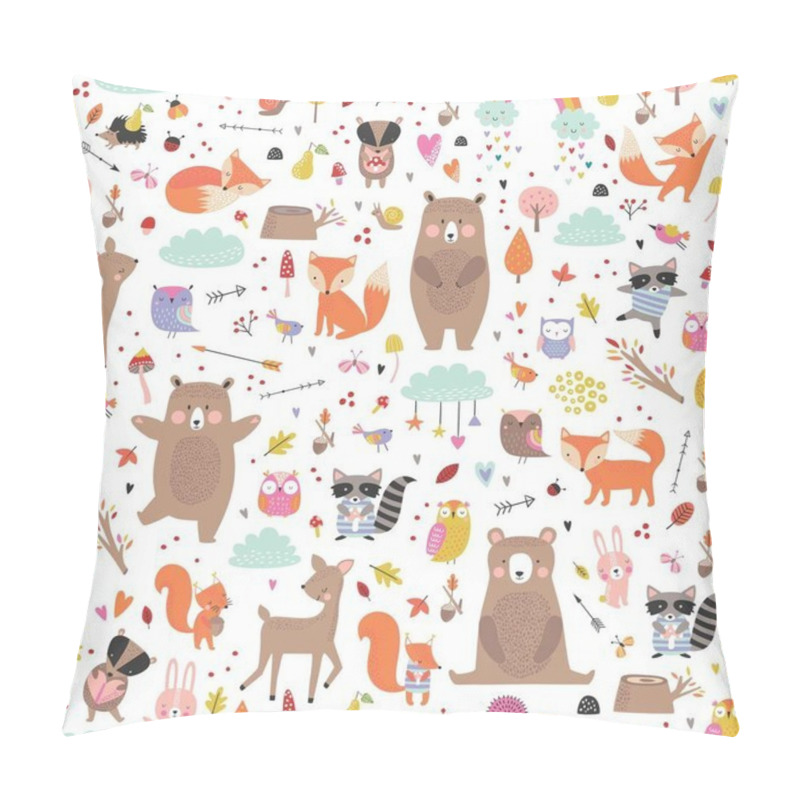 Personality  Seamless childish pattern with woodland animals. Cute deer, bear, raccoon, fox, bunny, squirrel, owl. Funny characters. Creative scandinavian kids texture for fabric, wrapping, textile pillow covers