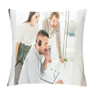 Personality  Selective Focus Of Broker In Headset Talking Near Coworkers In Office  Pillow Covers