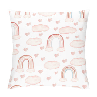 Personality  Seamless Pattern With Rainbow Heart And Cloud In Neutral Color. Watercolor Hand Drawn Illustration. Pillow Covers