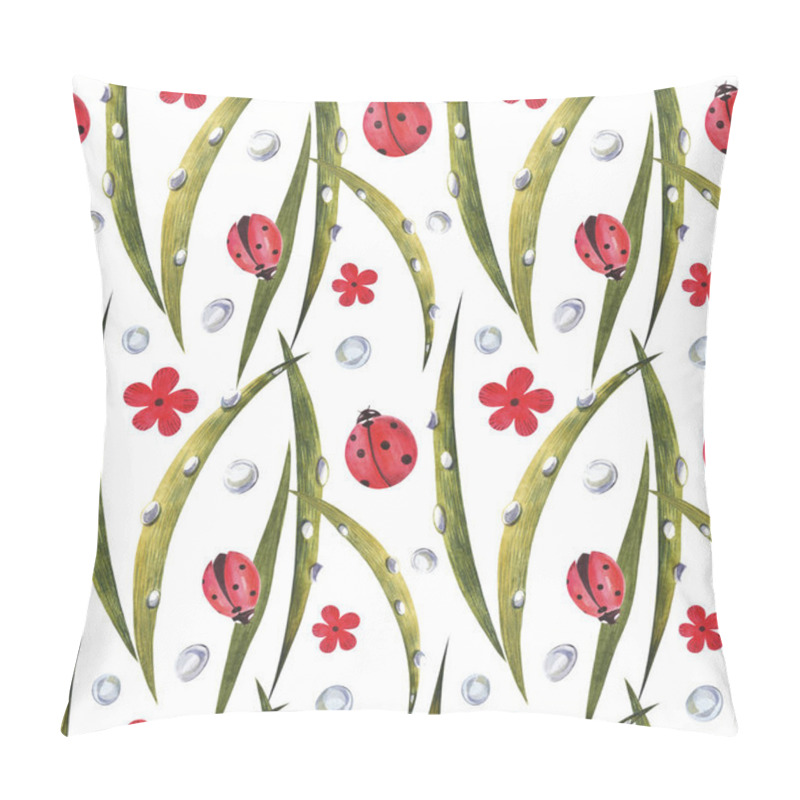 Personality  Watercolor seamless pattern with ladybugs. Against the background of daisies, leaves and dew. pillow covers