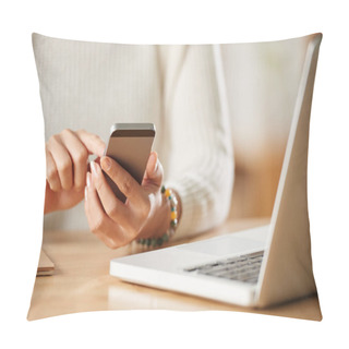 Personality  Woman Using Application On Smartphone Pillow Covers