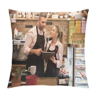 Personality  New Business Owners In Cafe Using Tablet Pillow Covers