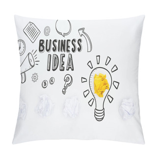 Personality  Top View Of Business Idea Inscription Near Illustration And Crumpled Paper Balls On White Background, Business Concept Pillow Covers