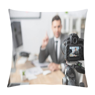 Personality  Selective Focus Of Digital Camera Near Trader Pointing With Finger During Online Streaming On Blurred Background Pillow Covers