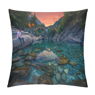 Personality  Tourist Enjoys Sunset At A River Near Stone Bridge In Lavertezzo, Switzerland Pillow Covers