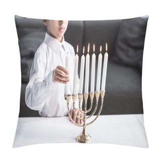 Personality  Cropped View Of Cute Jewish Boy In Shirt Holding Candle  Pillow Covers