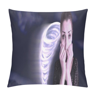 Personality  Digital Composite Of Tornado Twister Painted And Dark Sky With Anxious Scared Woman Pillow Covers
