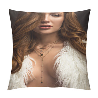 Personality  Portrait Of Woman With Necklace And Unbuttoned Fluffy Jacket Pillow Covers