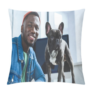 Personality  Young Man With French Bulldog By Computer Screen Pillow Covers