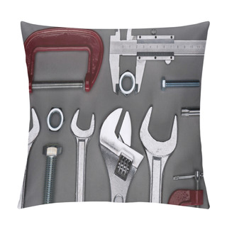 Personality  Top View Of Set Of  Various Work Tools On Grey Pillow Covers