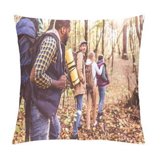 Personality  Young Backpackers In Autumn Forest Pillow Covers