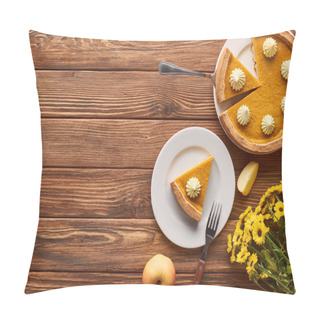 Personality  Cut Pumpkin Pie With Whipped Cream, Apple, And Yellow Flowers On Wooden Surface Pillow Covers