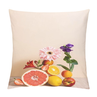 Personality  Floral And Fruit Composition With Eustoma, Gerbera, Alstroemeria, Citrus Fruits, Strawberries And Peaches On Beige Background Pillow Covers