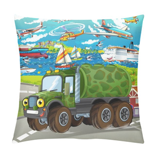 Personality  Cartoon Scene With Happy Military Truck - Ships And Planes In The Background - Illustration For Children Pillow Covers