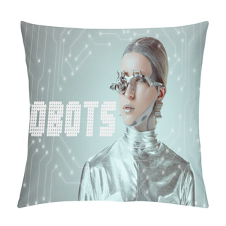 Personality  Futuristic Silver Cyborg Looking Away Isolated On Grey With 
