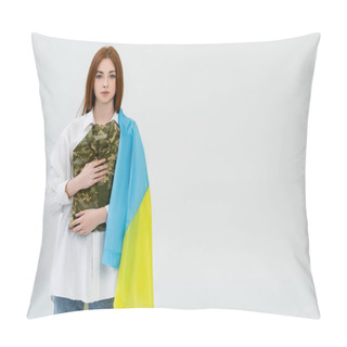 Personality  Redhead Woman With Ukrainian Flag Holding Military Uniform Isolated On White  Pillow Covers
