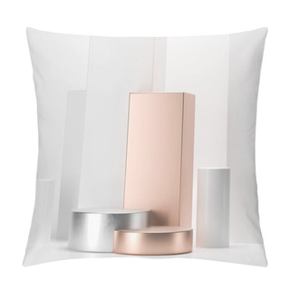 Personality  3D Rendering Round Podium Geometry With Gold Elements. Abstract Geometric Shape Blank Podium. Scene For Product Presentation. Empty Showcase, Pedestal Platform Display. Pillow Covers