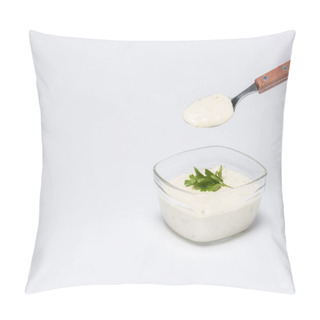 Personality  Traditional Greek Tzatziki Sauce With Spoon On White Background Pillow Covers