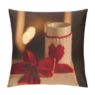 Personality   Present And Knitted Mug With Heart Symbol On Blurred Background Pillow Covers