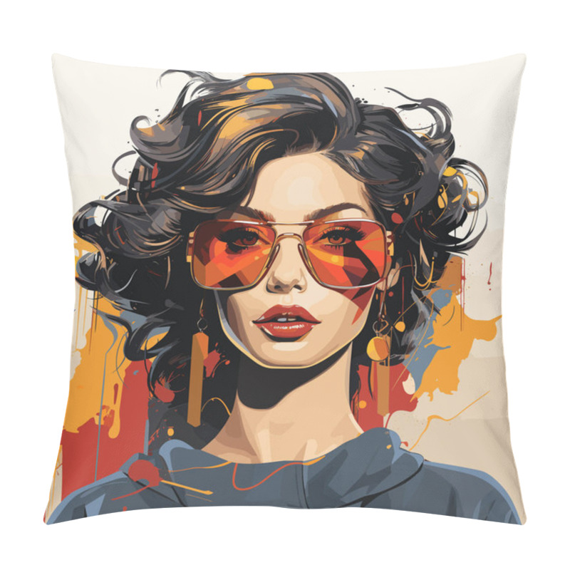 Personality  Painting Of Woman Wearing Sunglasses And Hoodie With Paint Splattered Background. Pillow Covers
