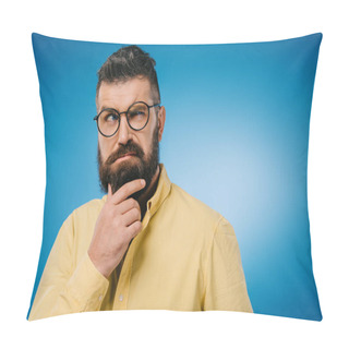 Personality  Suspicious Bearded Man In Eyeglasses Isolated On Blue Pillow Covers