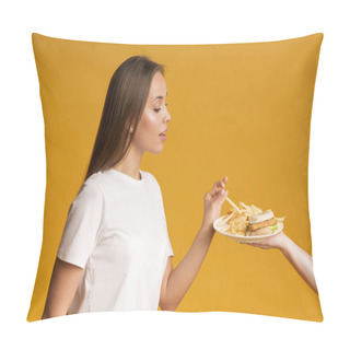 Personality  Millennial Girl Taking French Fries From Plate With Fast Food Pillow Covers