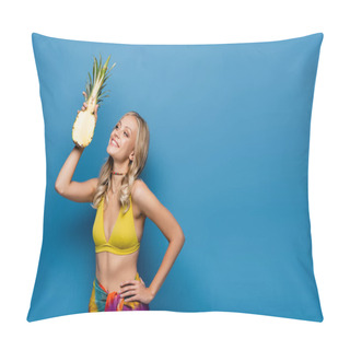 Personality  Smiling Young Woman In Yellow Bikini Top And Sarong Holding Sweet Pineapple Half On Blue Pillow Covers