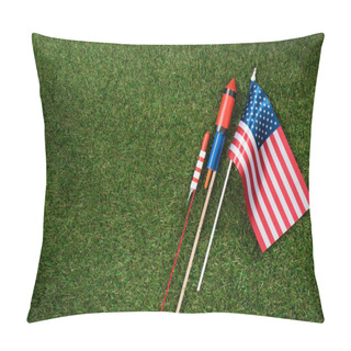 Personality  Flat Lay With American Flagpole And Fireworks On Green Grass, Americas Independence Day Concept Pillow Covers