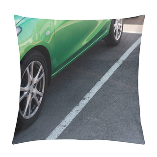 Personality  Detail Of Green Shiny Car On Parking Lot  Pillow Covers