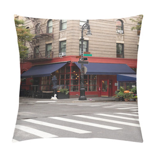 Personality  Cafe On Corner Of Modern Building On Street In New York City Pillow Covers