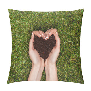 Personality  Cropped Image Of Woman Holding Heart Shaped Soil In Hands Above Green Grass, Earth Day Concept Pillow Covers