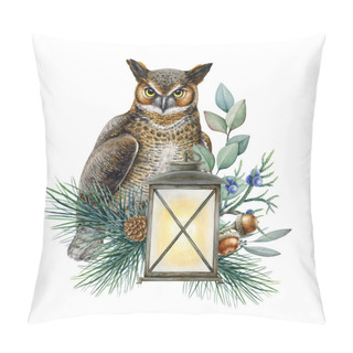 Personality  Winter Floral Decor With Owl And Old Style Lamp. Watercolor Illustration. Great Horned Owl With Vintage Lantern, Natural Elements, Pine Branches, Eucalyptus, Juniper. Rustic Style Natural Decoration. Pillow Covers