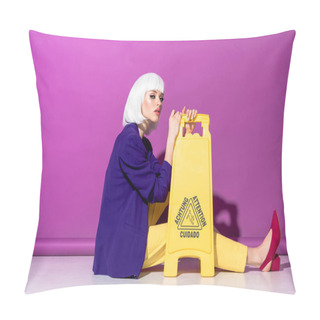Personality  Glamorous Girl In Wig Sitting On Floor With Wet Floor Sign On Purple Background Pillow Covers